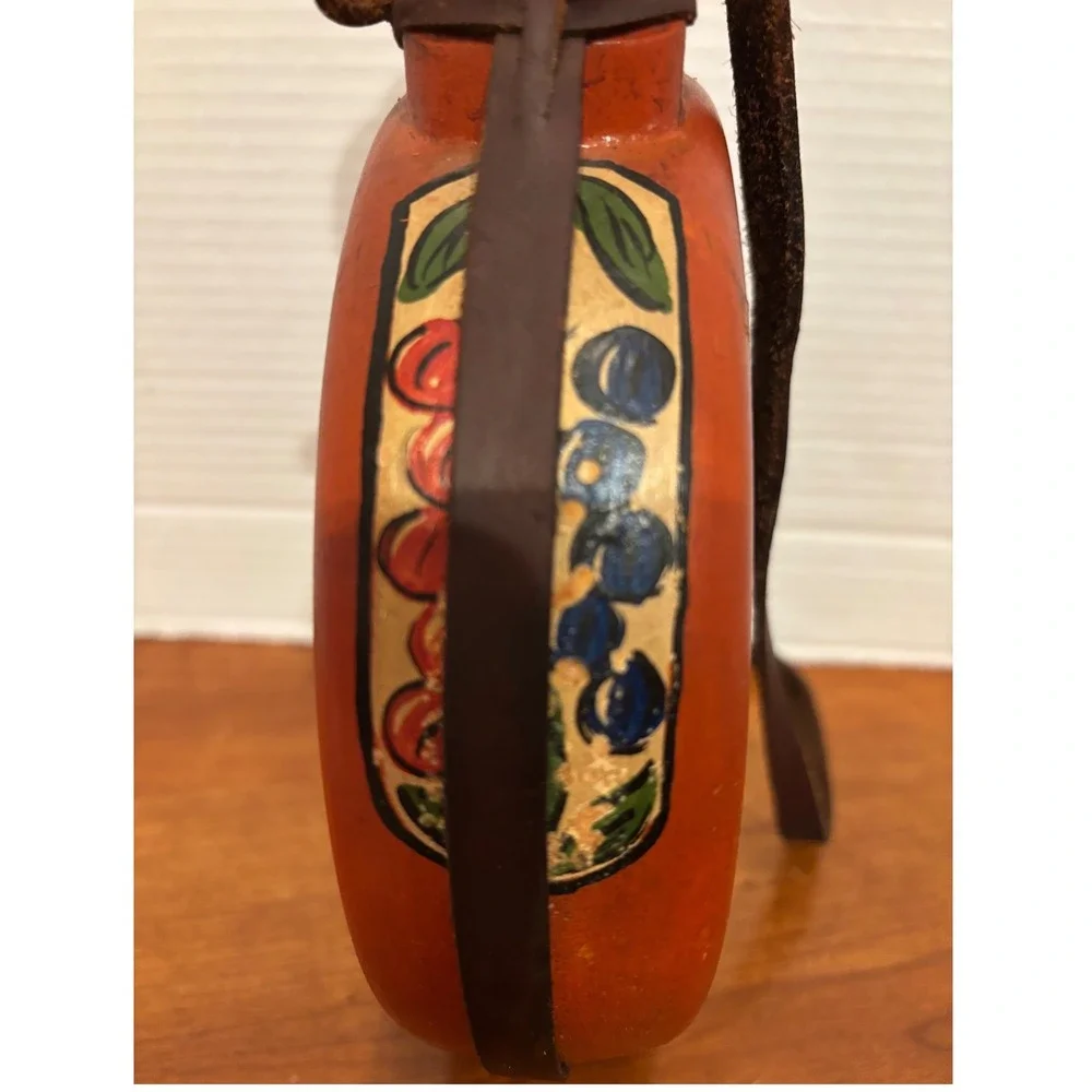Vintage Hand Painted Wooden Canteen Glass Window Folk Art Berry Leather Strap
